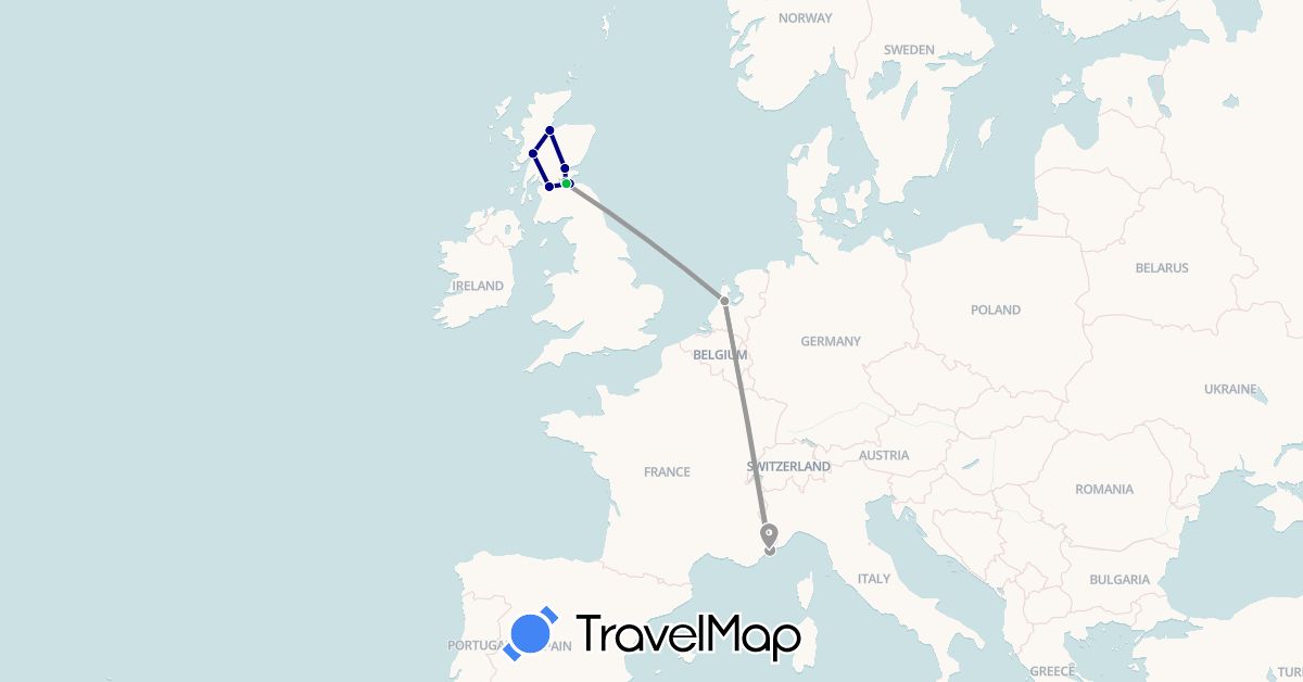 TravelMap itinerary: driving, bus, plane in France, United Kingdom, Netherlands (Europe)